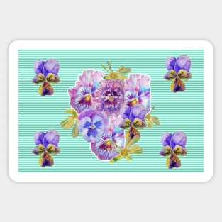 Shabby Chic Turquoise Pansy Nest of Pansies Floral Watercolour Stripe Sticker